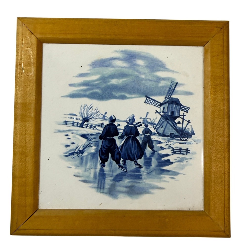 Vintage 70s Mosa Holland Delft Blue Framed Tile Windmill Ice Skaters Dutch Art